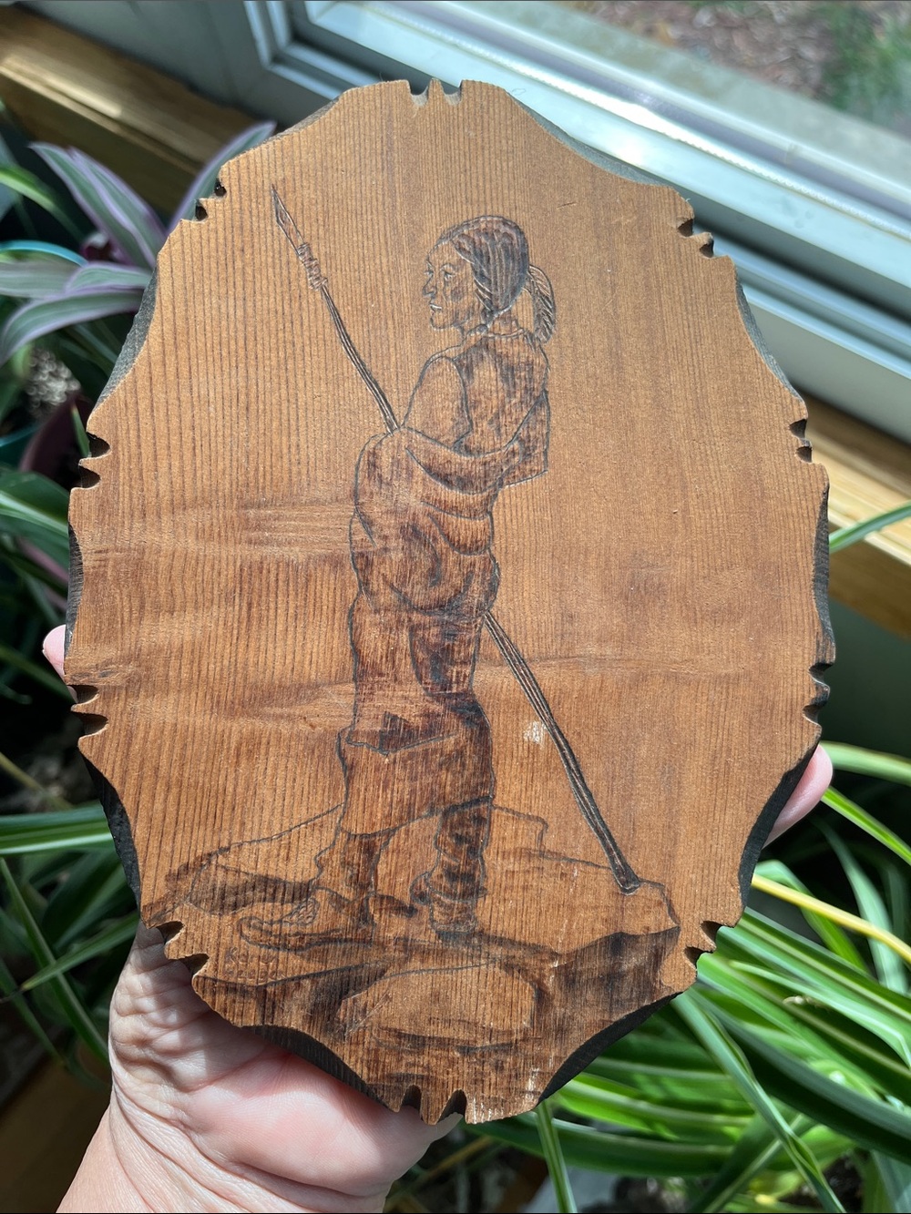 Vtg Wooden Plaque Native American Indian Pyrography ? Wood Wall Art